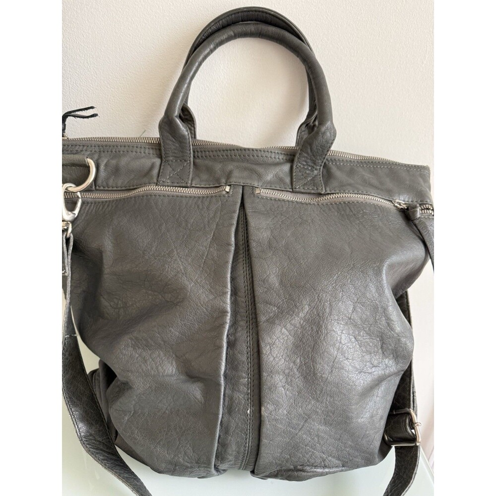 Crate & Barrel Gray 100% Leather Tote Shoulder Bag Large Satchel Crossbody